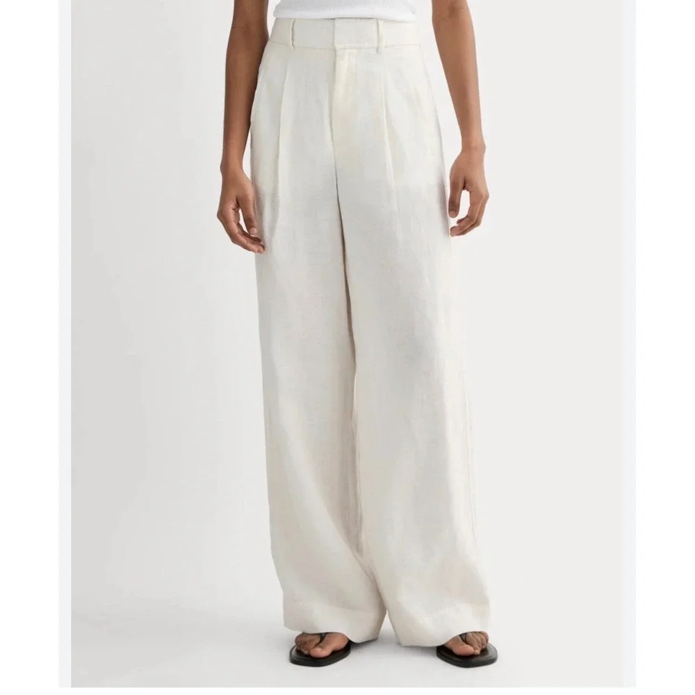 Everlane Way-High Drape Linen Pant Bone Off-White Wide Leg Pleated Trousers 10